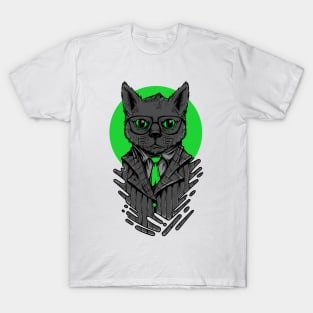 Cat Suit Serious Grey Green T-Shirt